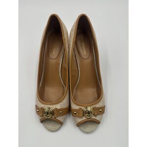 Tommy Hilfiger Pumps Tatiana Cork Wedge Peep Toe Shoes Leather Gold Tone Sz 9.5